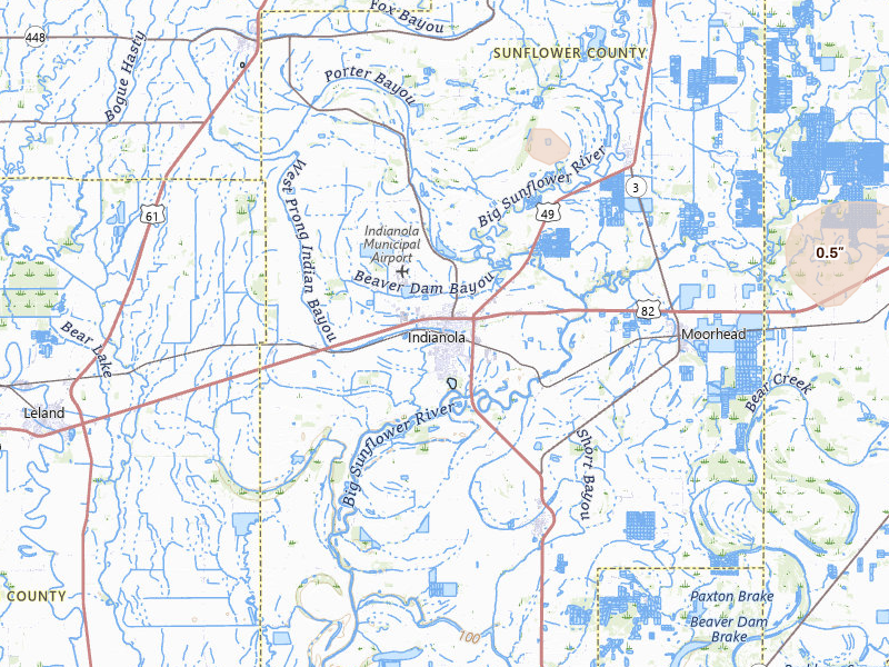 Radar-estimated hail-size map of the storm over Indianola, MS on Jul 2, 2026