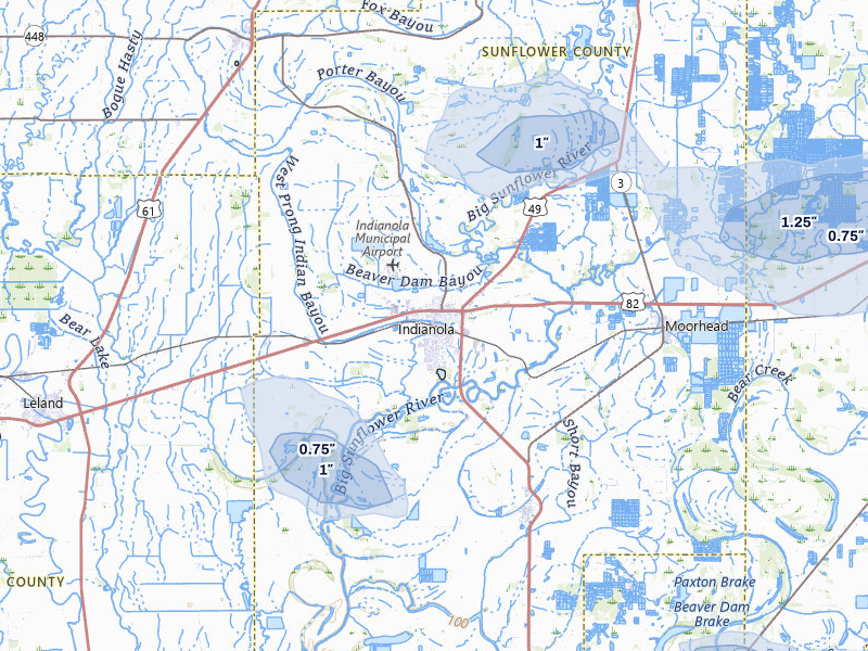 NEXRAD radar-signature map of the hail over Indianola, MS