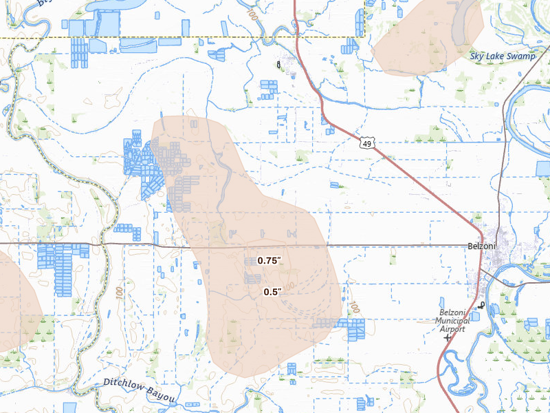 Radar-estimated hail-size map of the storm over Isola, MS on Jul 1, 2026