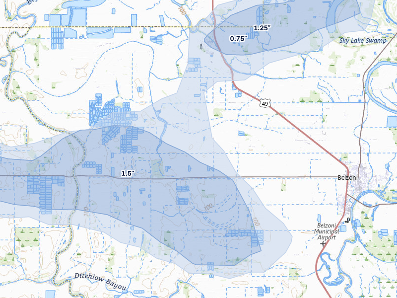 NEXRAD radar-signature map of the hail storm over Isola, MS on Jul 1, 2026