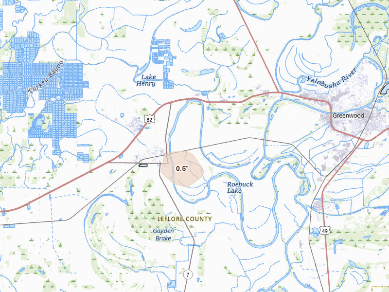 Radar-estimated hail-size map of the storm over Itta Bena, MS on Jun 1, 2026
