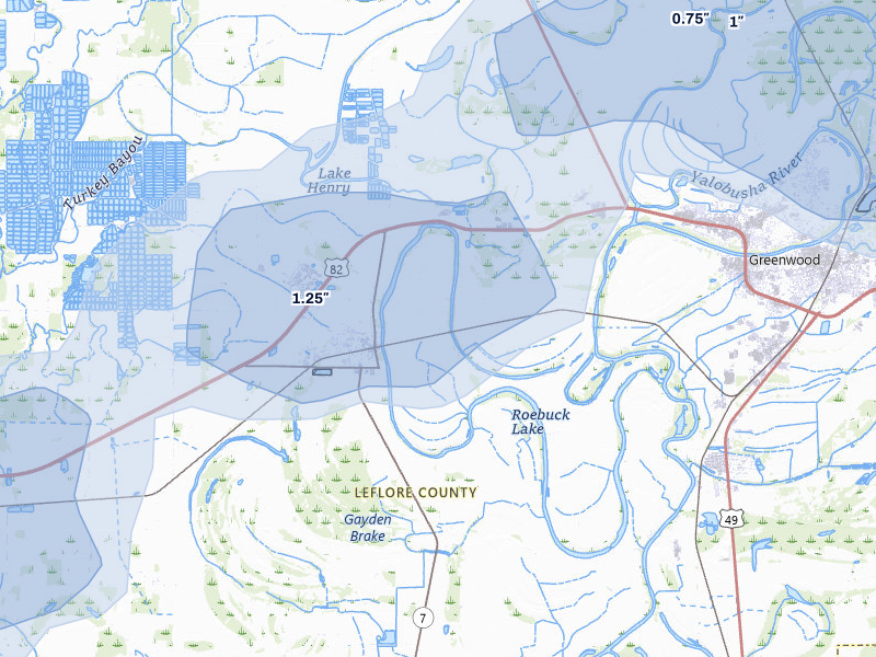 NEXRAD radar-signature map of the hail storm over Itta Bena, MS on Jul 1, 2026