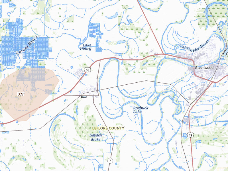 Radar-estimated hail-size map of the storm over Itta Bena, MS on Jul 2, 2026