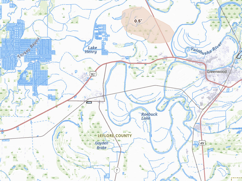 Radar-estimated hail-size map of the storm over Itta Bena, MS on Jul 29, 2026