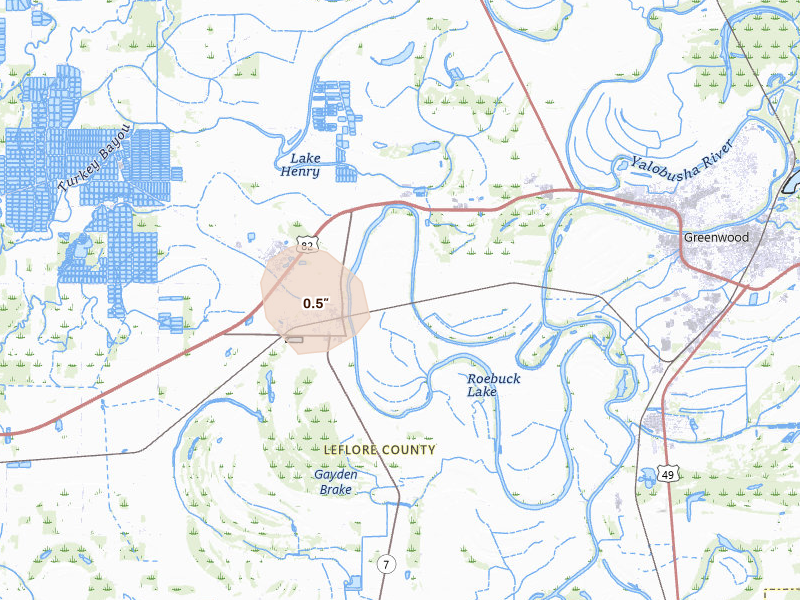 Radar-estimated hail-size map of the storm over Itta Bena, MS on Aug 22, 2026