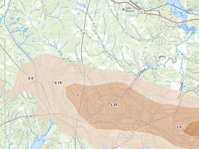 Radar-estimated hail-size map of the storm over Iuka, MS on Feb 26, 2026