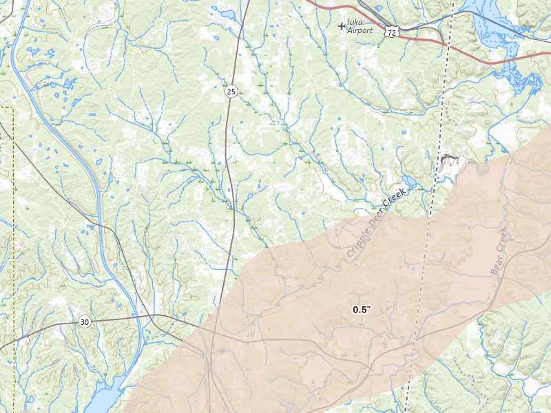 Radar-estimated hail-size map of the storm over Iuka, MS on Mar 15, 2026