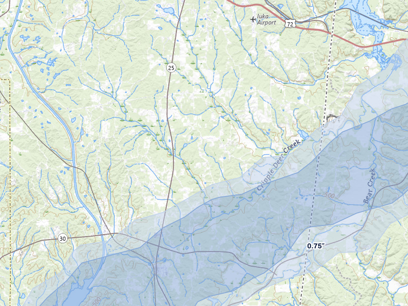 NEXRAD radar-signature map of the hail over Iuka, MS