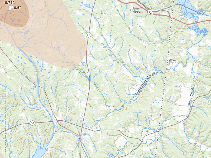 Radar-estimated hail-size map of the storm over Iuka, MS on Jun 1, 2026