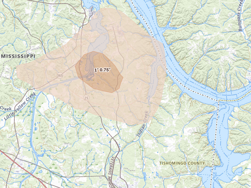Radar-estimated hail-size map of the storm over Iuka, MS on Aug 20, 2026