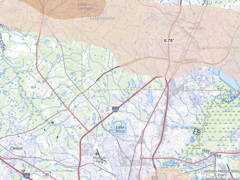 Radar-estimated hail-size map of the storm over Jackson, MS on Apr 24, 2026