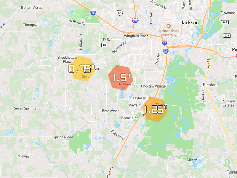 Hail map of Jackson, MS on Jun 2, 2026, hail up to 1.5"