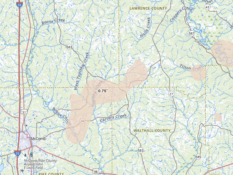 Radar-estimated hail-size map of the storm over Jayess, MS on Aug 20, 2026