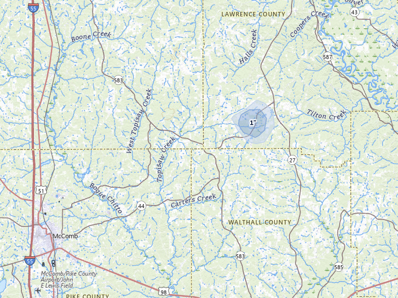 NEXRAD radar-signature map of the hail storm over Jayess, MS on Aug 20, 2026