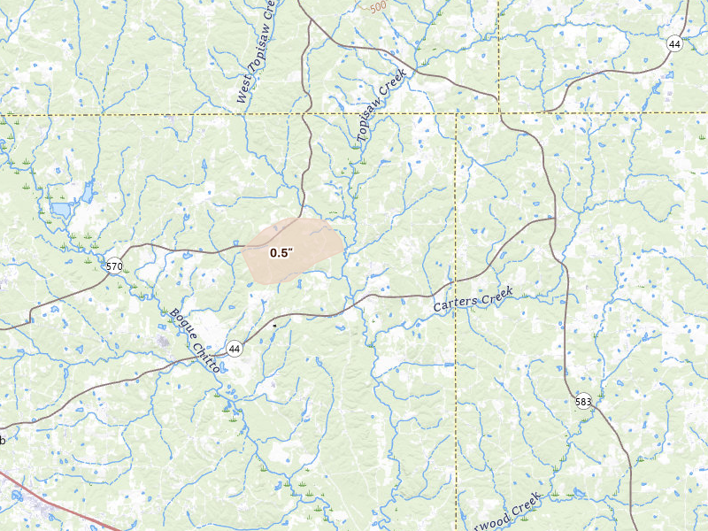 Radar-estimated hail-size map of the storm over Jayess, MS on Aug 26, 2026