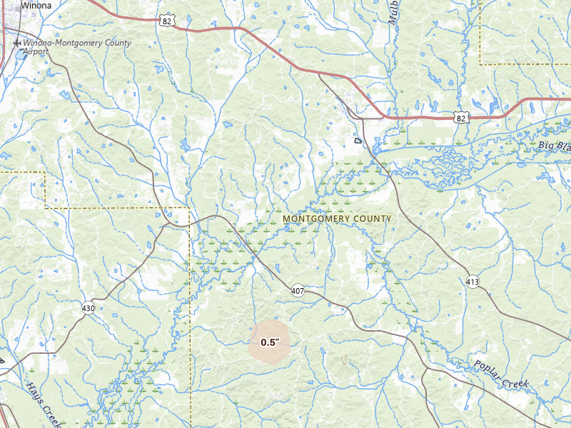 Radar-estimated hail-size map of the storm over Kilmichael, MS on Apr 28, 2026
