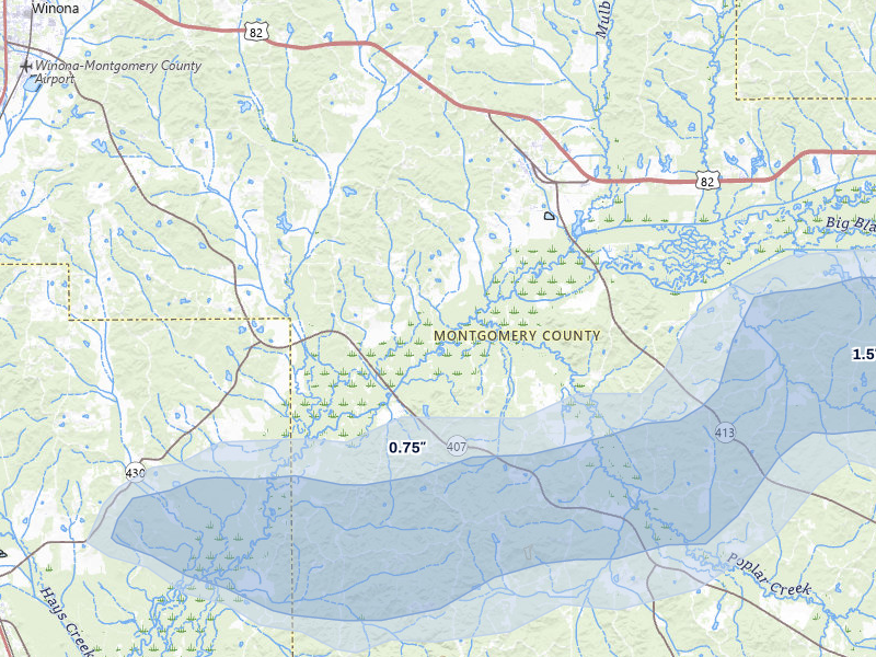 NEXRAD radar-signature map of the hail storm over Kilmichael, MS on Apr 28, 2026