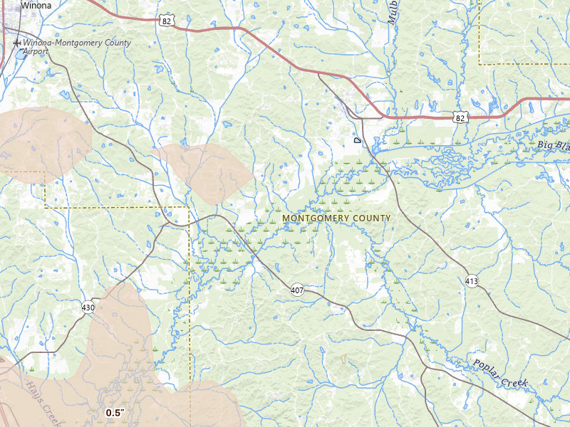 Radar-estimated hail-size map of the storm over Kilmichael, MS on May 10, 2026