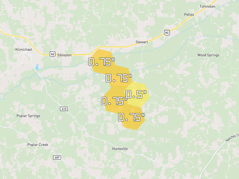 Hail map of Kilmichael, MS on Jul 2, 2026, hail up to 0.75"