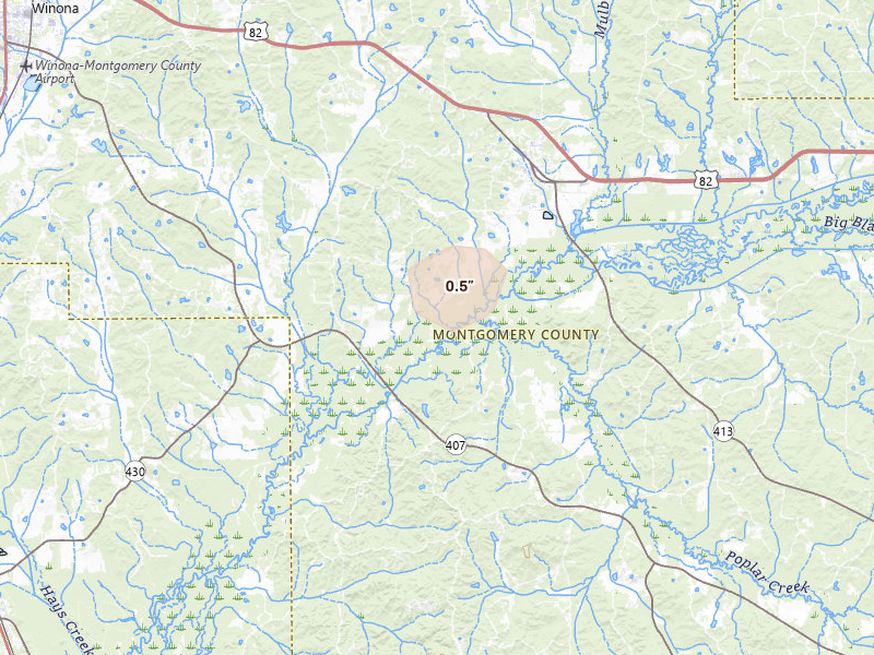 Radar-estimated hail-size map of the storm over Kilmichael, MS on Aug 8, 2026