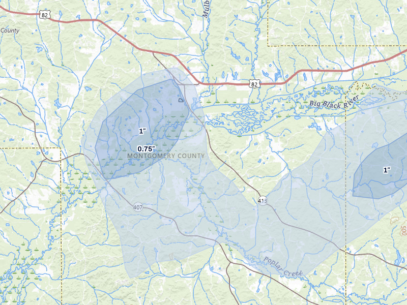 NEXRAD radar-signature map of the hail storm over Kilmichael, MS on Aug 8, 2026