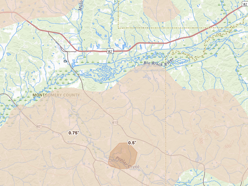 Radar-estimated hail-size map of the storm over Kilmichael, MS on Aug 20, 2026