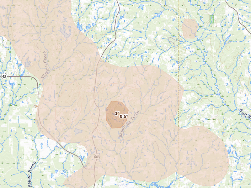 Radar-estimated hail-size map of the storm over Kiln, MS on May 9, 2026
