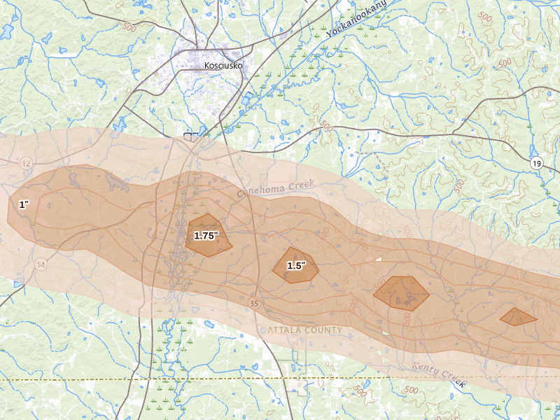 Radar-estimated hail-size map of the storm over Kosciusko, MS on Apr 28, 2026