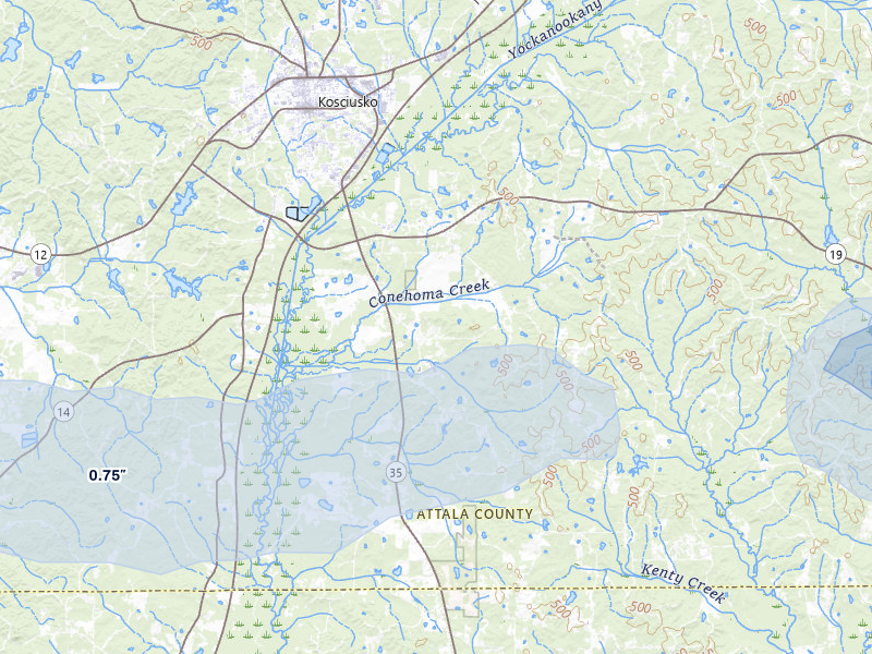 NEXRAD radar-signature map of the hail storm over Kosciusko, MS on Apr 28, 2026