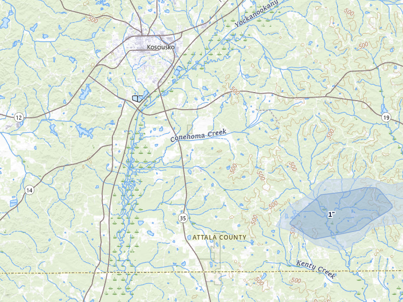 NEXRAD radar-signature map of the hail storm over Kosciusko, MS on May 6, 2026