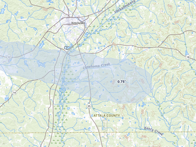 NEXRAD radar-signature map of the hail storm over Kosciusko, MS on May 8, 2026