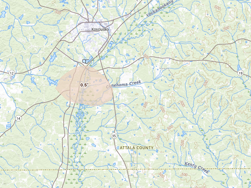 Radar-estimated hail-size map of the storm over Kosciusko, MS on Jul 1, 2026