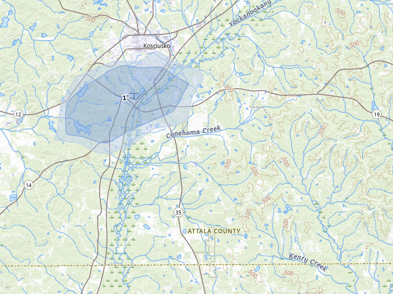 NEXRAD radar-signature map of the hail storm over Kosciusko, MS on Jul 1, 2026