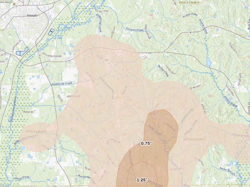 Radar-estimated hail-size map of the storm over Kosciusko, MS on Aug 20, 2026