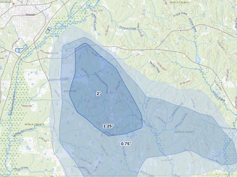NEXRAD radar-signature map of the hail storm over Kosciusko, MS on Aug 20, 2026