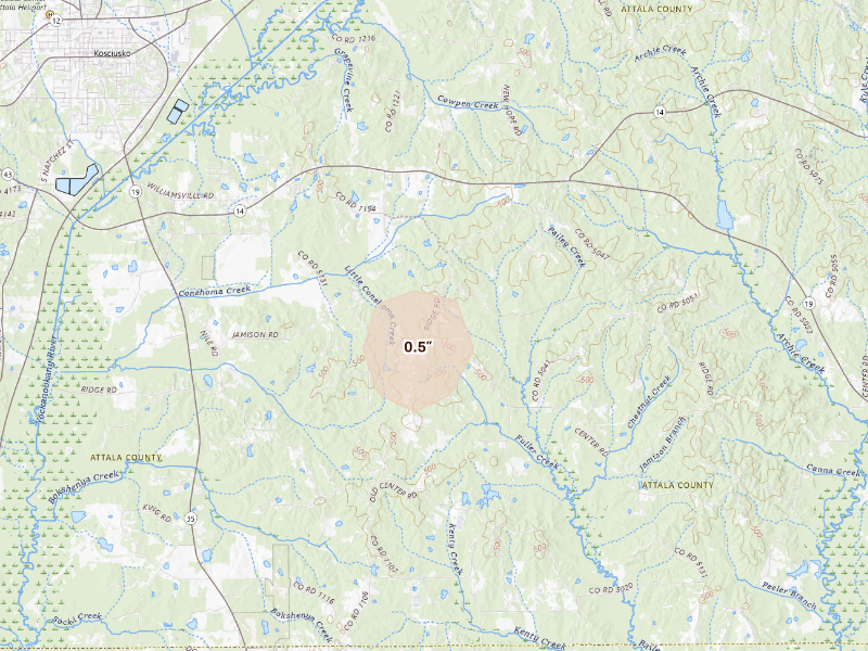 Radar-estimated hail-size map of the storm over Kosciusko, MS