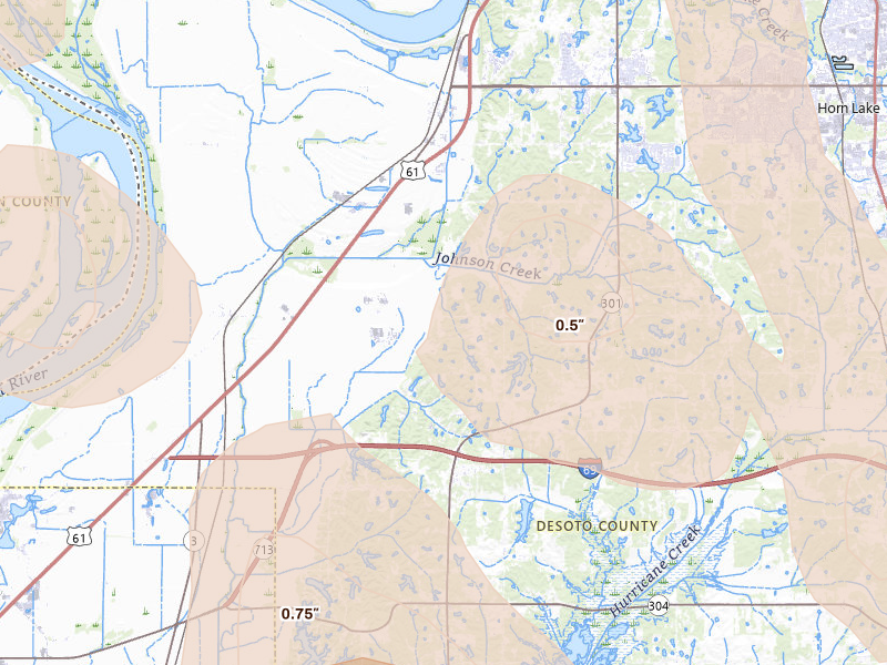Radar-estimated hail-size map of the storm over Lake Cormorant, MS on Jun 1, 2026