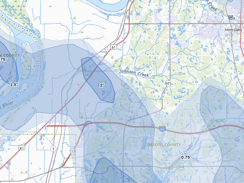 NEXRAD radar-signature map of the hail storm over Lake Cormorant, MS on Jun 1, 2026
