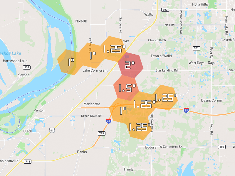 Hail map of Lake Cormorant, MS on Jun 2, 2026, hail up to 2"