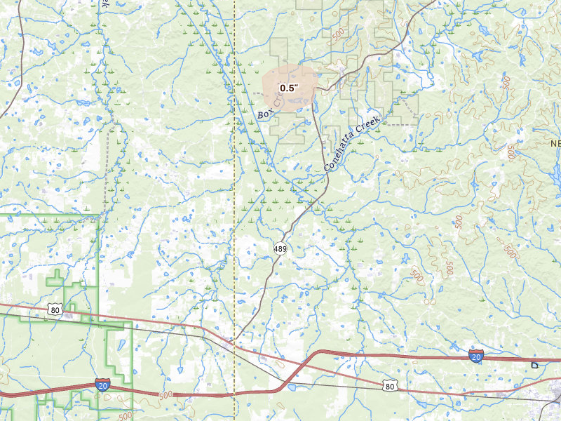 Radar-estimated hail-size map of the storm over Lake, MS on Jun 2, 2026