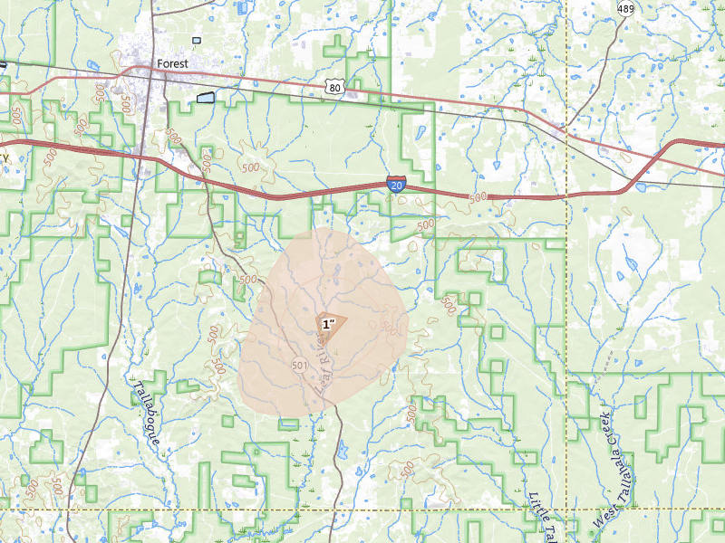 Radar-estimated hail-size map of the storm over Lake, MS on Aug 19, 2026