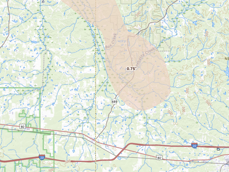 Radar-estimated hail-size map of the storm over Lake, MS on Aug 26, 2026