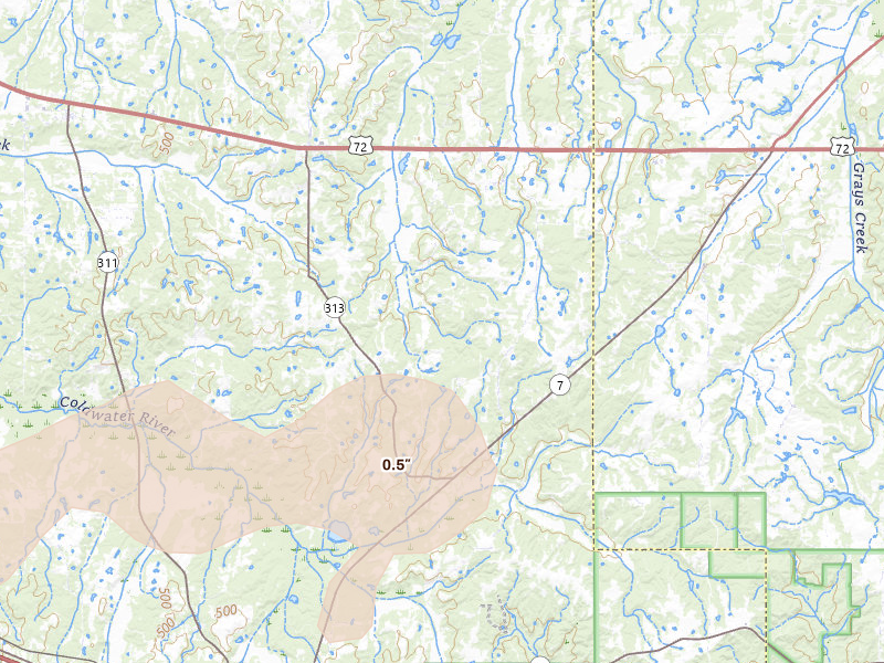 Radar-estimated hail-size map of the storm over Lamar, MS on Apr 28, 2026