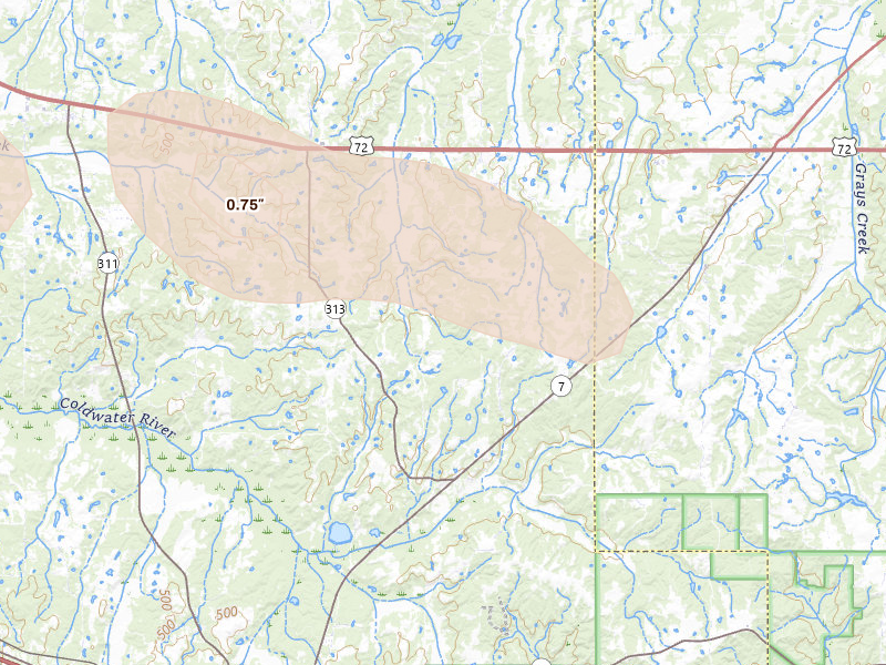 Radar-estimated hail-size map of the storm over Lamar, MS on Jun 1, 2026