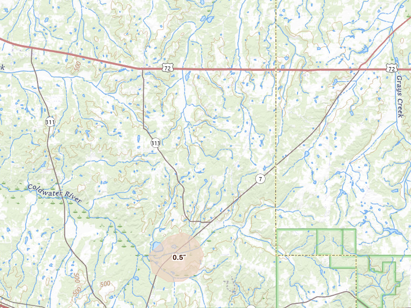 Radar-estimated hail-size map of the storm over Lamar, MS on Jul 5, 2026