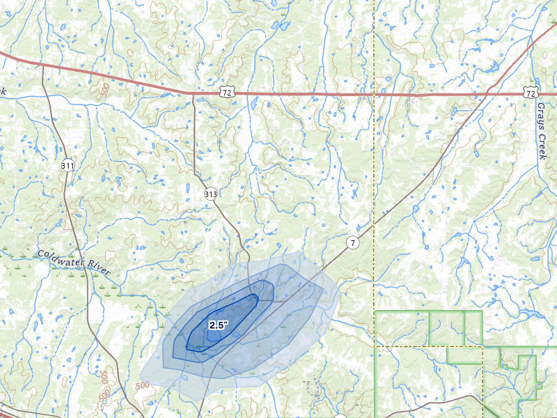 NEXRAD radar-signature map of the hail storm over Lamar, MS on Jul 5, 2026