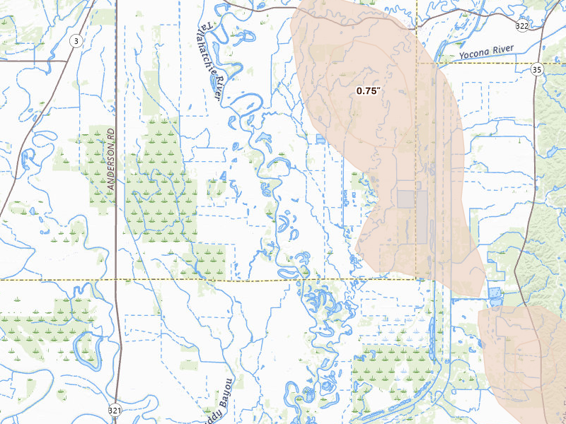 Radar-estimated hail-size map of the storm over Lambert, MS on Jun 24, 2026