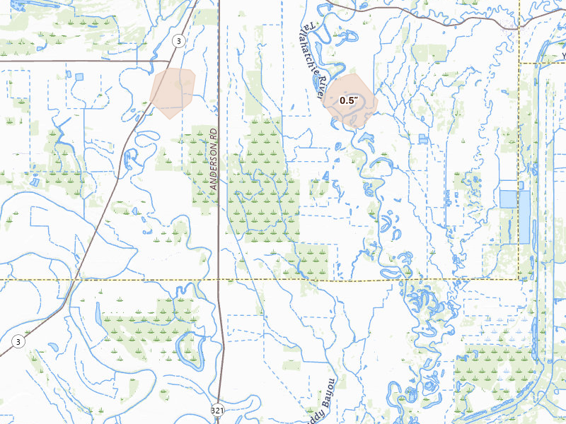 Radar-estimated hail-size map of the storm over Lambert, MS on Aug 26, 2026