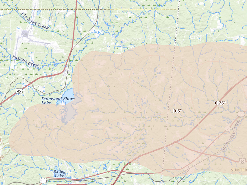 Radar-estimated hail-size map of the storm over Lauderdale, MS on May 6, 2026