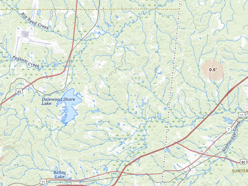 Radar-estimated hail-size map of the storm over Lauderdale, MS on Jul 4, 2026